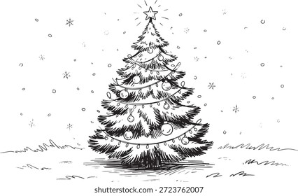 Handgezeichnete Weihnachtsbaumständer hoch mit Ornamenten und einem Stern auf dem Dach, umgeben von Schneeflocken in einer verschneiten Landschaft.