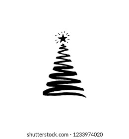 Hand drawn christmas tree with star. Sketch vector illustration isolated on white background.