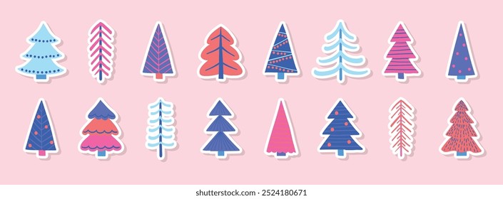 Conjunto de adesivos de árvore de Natal desenhados à mão. Decorações X-Mas. Ilustração vetorial