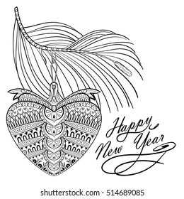 Hand Drawn Christmas tree toy on fir branch with wishes Happy New Year. Vector illustration in zentangle style. Sketch for adult anti stress coloring pages, tattoo, New Year posters and greeting cards