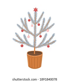 Hand drawn Christmas tree vector illustration. Cute spruce tree with holiday decoration, new year isolated design element