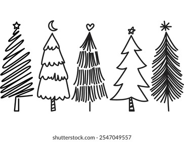 Árbol de navidad dibujado a mano, símbolos de Ilustración vectorial de abeto, árbol de Navidad blanco y negro, tarjeta de temporada de invierno o tarjeta de Navidad.