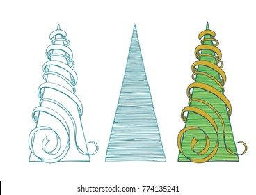 Hand drawn Christmas tree vector illustration. 
Can be used for greeting card, invitation, banner, web design.
Holidays background. Abstract doodle drawing.