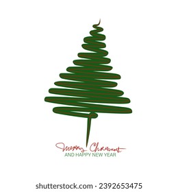 Hand drawn Christmas tree with the words "Merry Christmas and Happy New Year" isolated on a white background. Vector illustration.