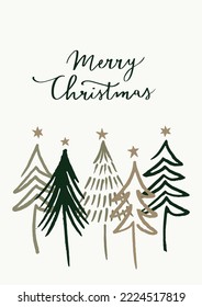 Hand Drawn Christmas Trees. Abstract Linear Doodles and Handwritten Lettering. Simple Vector Illustration Ideal for Holiday Greeting Cards.