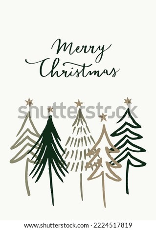 Hand Drawn Christmas Trees. Abstract Linear Doodles and Handwritten Lettering. Simple Vector Illustration Ideal for Holiday Greeting Cards.