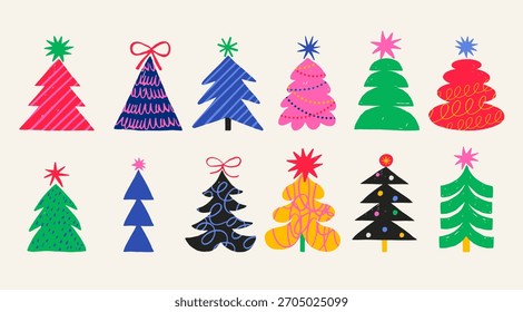 Hand drawn Christmas trees collection in retro style. Colorful vector illustration.