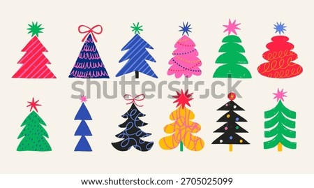 Hand drawn Christmas trees collection in retro style. Colorful vector illustration.