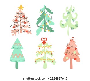Árboles de Navidad dibujados a mano decorados con cintas, guirnaldas y bolas. Elementos vectores para tarjetas de diseño y banners.