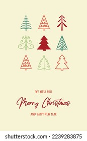 Hand drawn Christmas trees. Greeting card with ornaments. Vector illustration