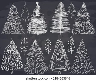 Hand drawn Christmas trees on a chalkboard. Happy New Year. Merry Christmas.Template for greeting card, postcard. Vector illustration.