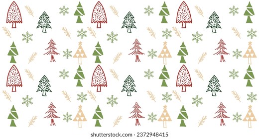 Hand Drawn Christmas Trees Pattern. Gold, Green, Red Christmas Trees, seamless pattern. Forest background. Repeated background for wrapping paper, textile, fabric, banner, poster.