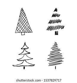 Hand drawn Christmas trees. Set of four monochrome sketched illustrations of firs.  Winter holiday doodle elements. Vector illustration
