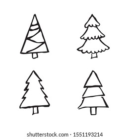Hand drawn Christmas trees. Set of four monochrome sketched illustrations of firs.  Winter holiday doodle elements. Vector illustration