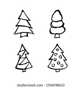 Hand drawn Christmas trees. Set of four monochrome sketched illustrations of firs.  Winter holiday doodle elements. Vector illustration