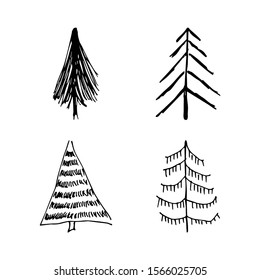 Hand drawn Christmas trees. Set of four monochrome sketched illustrations of firs.  Winter holiday doodle elements. Vector illustration