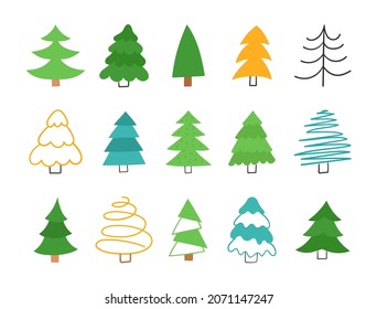 Hand drawn Christmas trees set. Fir collection in flat style. Vector illustration.