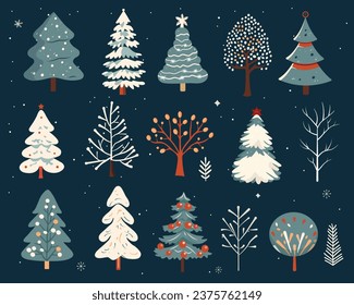 Hand drawn christmas trees. Set of winter scandi trees. Cute abstract colored trees. Trendy scandi vector plants.