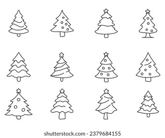 Hand drawn christmas trees set. Collection various christmas trees. New year symbol. Christmas and New Year icons isolated on white background. Scribbles, doodles. Vector illustration