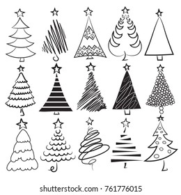 Hand drawn Christmas trees set. Christmas collection of decorative trees. Doodles and sketches. Vector illustration