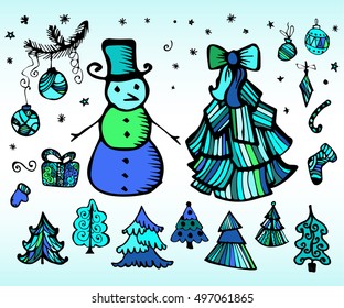 Hand drawn Christmas trees and snowman. Doodle holiday winter design