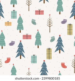Hand Drawn Christmas Trees,Gift boxes and Socks Pattern. Holiday seamless pattern. Childish texture for fabric, textile