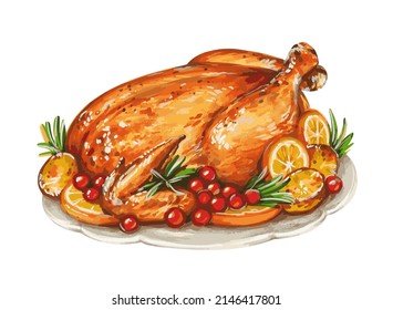 Hand drawn Christmas turkey.Holiday food. Vector sketch Chicken with orange and cranberry. Rosemary and potatoes