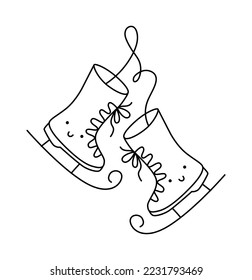 Hand drawn Christmas two cute happy lover winter monoline skates. Couple for Valentine Day and design. Merry xmas and Happy New Year illustration for celebration of holidays.