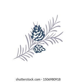 Hand drawn Christmas vector element of pine cone with branch and place for your text. Concept xmas winter holiday for design. Happy New Year