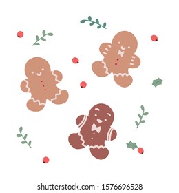 Hand drawn christmas vector illustration with gingerbread man and red holly berry, cute cartoon doodles for greeting card or banner. Symbols of christmas and new year celebration.