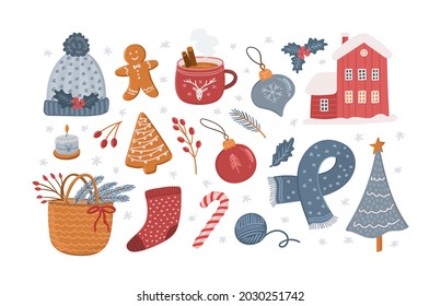 Hand drawn Christmas vector illustration set. Cute winter holiday clipart - knitted hat, cinnamon coffee, snowy house, holly leaves, candy cane, bauble, gingerbread cookie, scarf, spruce tree