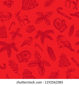 Hand Drawn Christmas Vector Seamless Background Pattern. Reindeer, Strobile, Holly, Mistletoe and Gloves Sketches Card or Cover Template. Red Color.