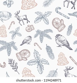 Hand Drawn Christmas Vector Seamless Background Pattern. Reindeer, Strobile, Holly, Mistletoe and Gloves Sketches Card or Cover Template. Pastel Colors. Isolated.