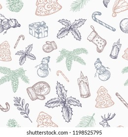 Hand Drawn Christmas Vector Seamless Background Pattern. Snowman, Sock, Holly, Fir-needle and Candle Sketches Card or Cover Template. Pastel Colors, Candy Canes. Isolated.