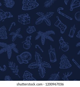 Hand Drawn Christmas Vector Seamless Background Pattern. Snowman, Sock, Holly, Fir-needle and Candle Sketches Card or Cover Template. Premium Blue Colors, Candy Canes. Isolated.