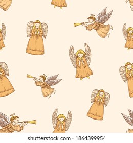 Hand Drawn Christmas Vector Seamless Background Pattern. Angels Sketches Card or Cover Template. Holiday Decoration Wallpaper.
