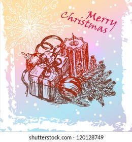 Hand Drawn Christmas Vintage Card With Candle, Tree Balls, Fir Branches and Gift. Vector EPS 10.