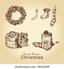 hand drawn christmas vintage collection with christmas wreath, socks and gifts, for xmas design
