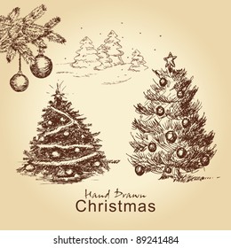 hand drawn christmas vintage set with christmas trees decorated with balls, for xmas design