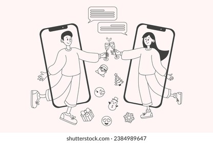Concepto web de navidad dibujado a mano en diseño de contorno plano con caracteres. Mujeres y hombres celebran Navidad en contacto vía teléfono móvil.