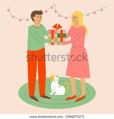 Hand drawn Christmas web concept in flat style with characters. Woman and Man celebrate Christmas. Man gifts a pile of books to Woman.