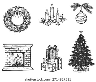 Navidades dibujadas a mano y Elementos de invierno y decoraciones sobre fondo blanco