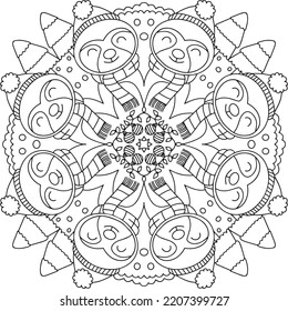 Hand Drawn. Christmas winter sloths mandala. Doodle art for Merry Christmas or Happy new year card. Coloring page for adults and kids.