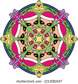 Hand Drawn. Christmas winter sloths mandala. Doodle art for Merry Christmas or Happy new year card. Coloring page for adults and kids.