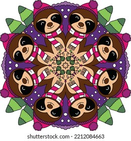 Hand Drawn. Christmas winter sloths mandala. Doodle art for Merry Christmas or Happy new year card. Coloring page for adults and kids.