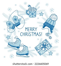 Hand drawn of Christmas wreath with a blue cap, skates, mittens, cup of hot cocoa in doodle style on a white background, decorated fir twigs and snowflakes. Vector cartoon illustration. Christmas mood