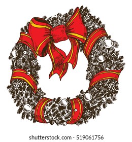 Hand drawn christmas wreath with cones, needles, balls and baw