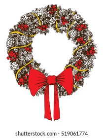 Hand drawn christmas wreath with cones, needles and bow