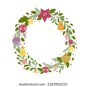 A hand drawn christmas wreath  with christmas decor. Cartoon style flat illustration. Concept for christmas cards, posters, sotial media banners