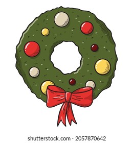 hand drawn christmas wreath decorated with balls and ribbon on white background. Good for stickers, cards, prints, posters, templates, etc. EPS 10